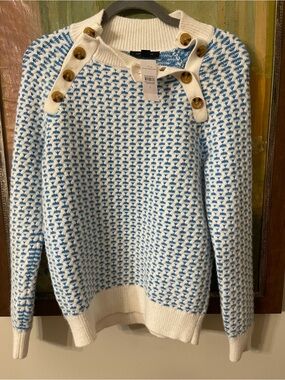Ann Taylor Cream and Blue Button-Shoulder Crew Sweater
